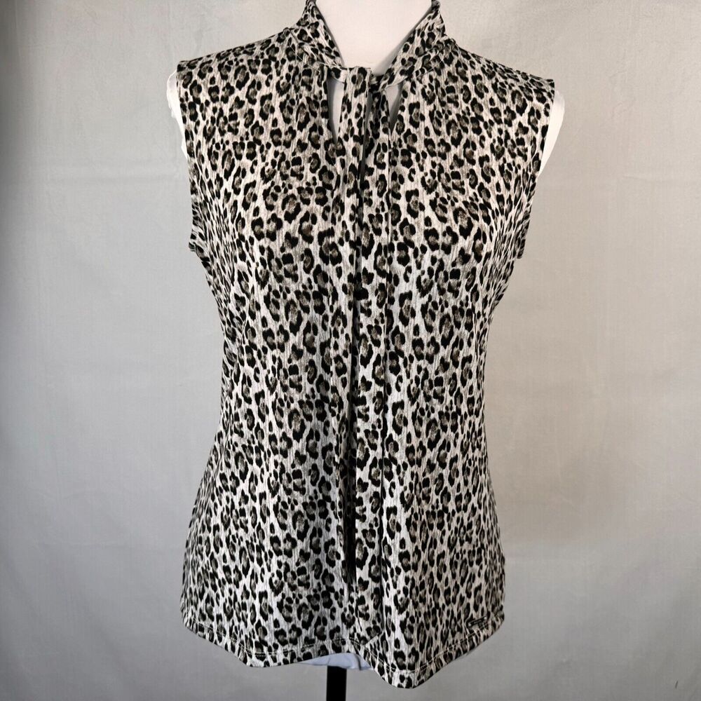 Tahari Top Sz S Animal Print Sleeveless Blouse V-Neck Tie front